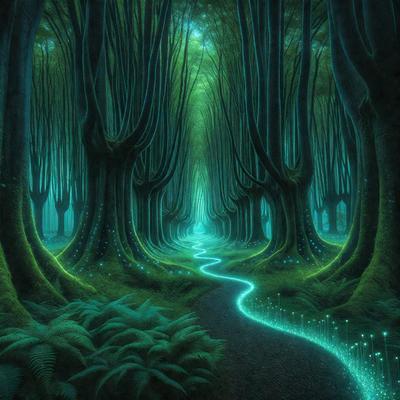 The primary subject of the image is a pathway that is surrounded by a forest of trees. The setting is a lush green forest with a variety of trees, creating a serene and natural atmosphere. The visual style of the image is digital art, which adds a sense of depth and realism to the scene. The dominant colors in the image are green, which is prevalent in the trees and the pathway, and blue, which is present in the lighting and the pathway itself. The overall mood of the image is one of tranquility and connection with nature.